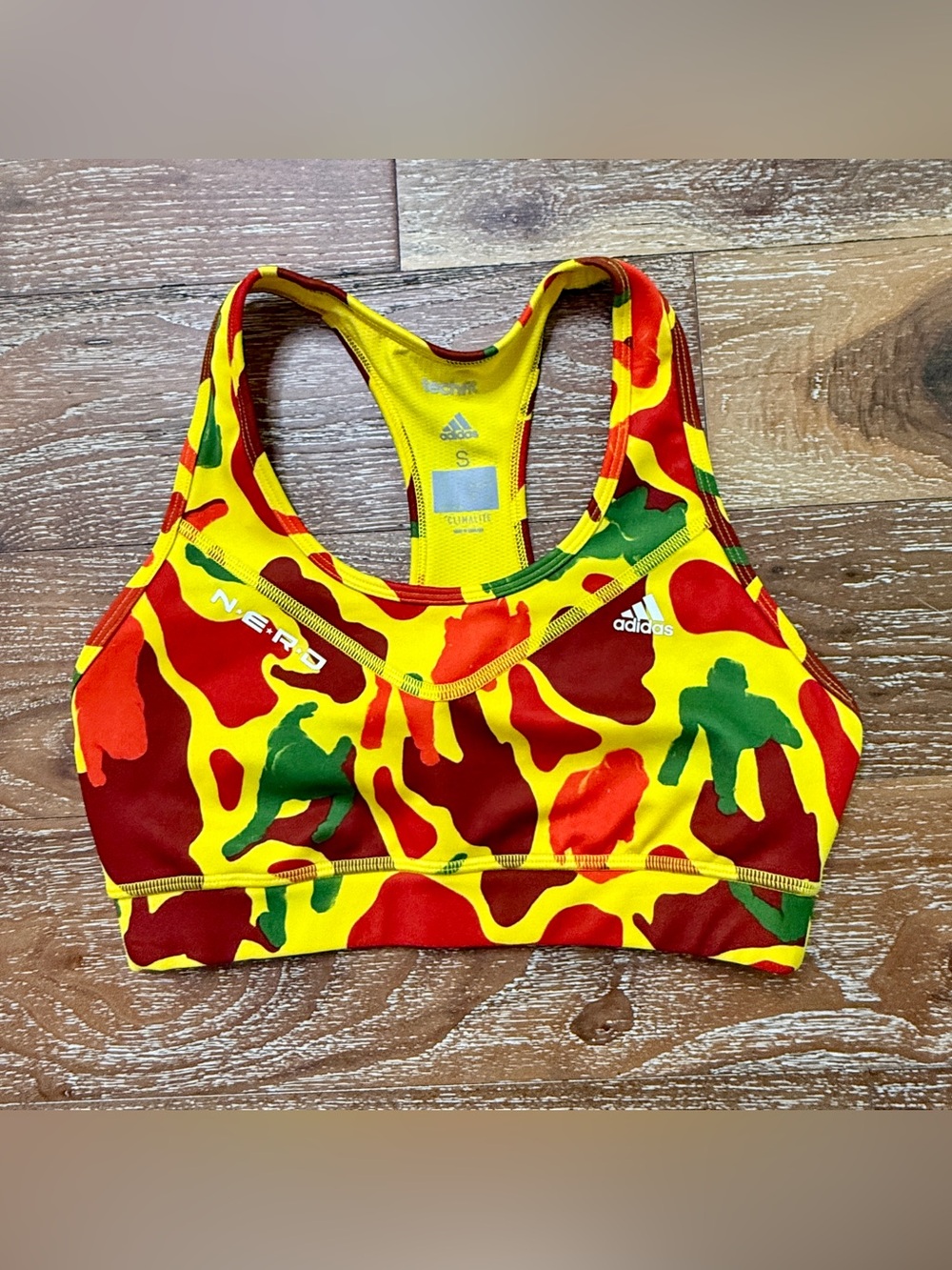 adidas N.E.R.D Yellow Red Green Camo Racerback Sports Bra / Pharrell Collab / Sm